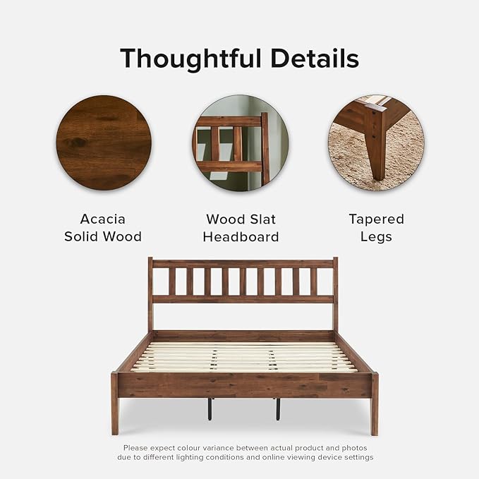mopio Ted Bed Frame with Headboard, Mid Century Modern Acacia Solid Wood Platform Bed Frame, Wooden Slats, No Box Spring, Double Metal Bar Support (Solid Wood Slatted, Queen (U.S. Standard))