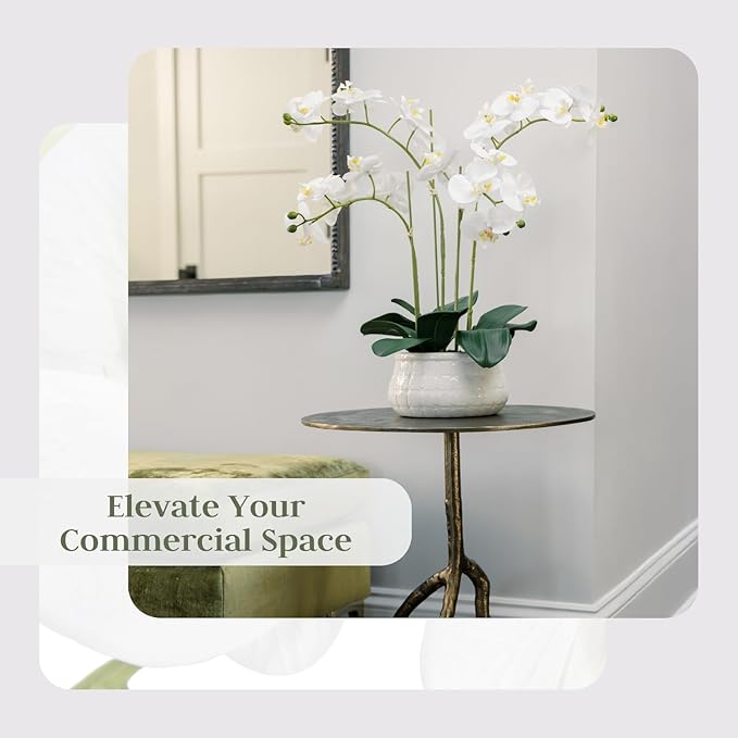 CG Hunter Faux White Orchid Plant, Premium Artificial Indoor Flower Display Stands 23”, Beautiful Sculptural Blooms That Lasts Forever, White Planter Pot Included