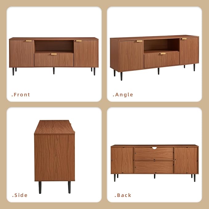 Okvnbjk Modern TV Stand for 65 Inch TV, Fluted TV Consoles for Living Room, Media Console with Soft Hinge & Drawer, Wood Entertainment Center with Storage, Mocha