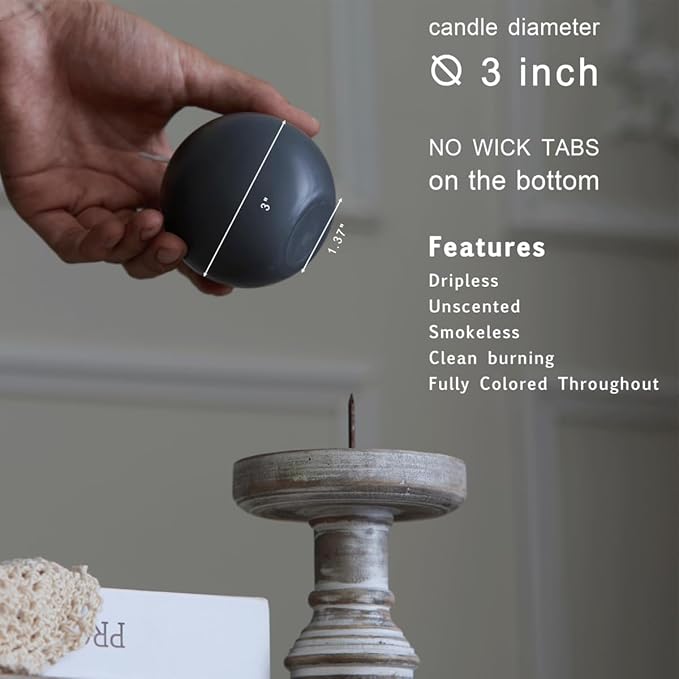 MOZEAL Hand-Poured, 3 Inch Dark Gray Round Ball Candles - Elegant Dark Gray Round Pillar Candles Set of 3, Dripless, Unscented, Smokeless, Ideal for Modern Home Decor.