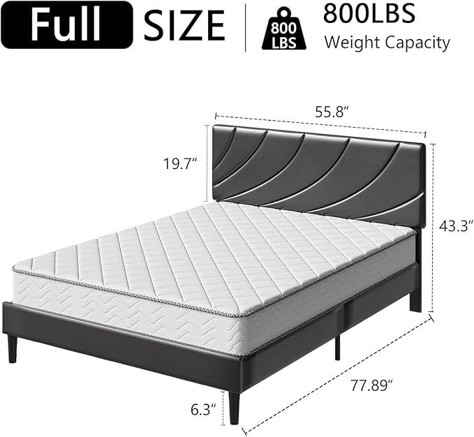 HOMBCK Bed Frame Full Size with Headboard, Linen Upholstered Bed Frame with Strong Wood Slats, No Box Spring Needed, Easy Assembly, Grey