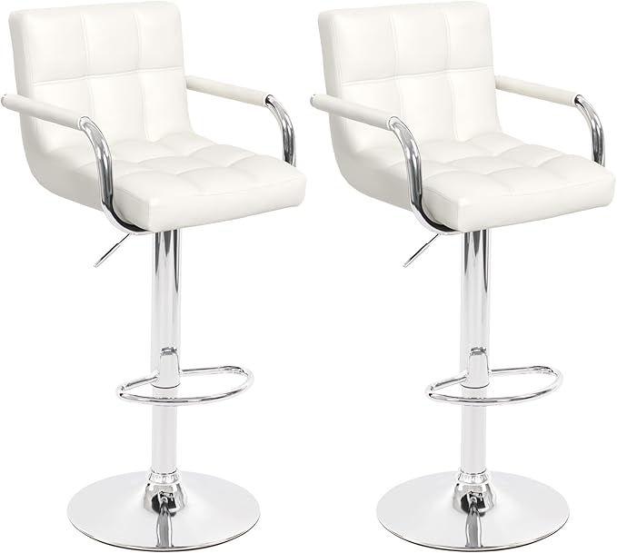 Modern PU Leather Bar Stools Set of 2, Adjustable Swivel Square Bar Chairs, Counter Height Barstools with Arms and Large Base for Island/Kitchen(White)