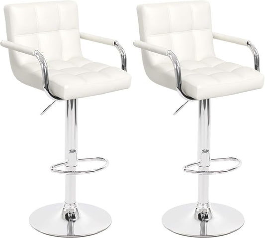 Modern PU Leather Bar Stools Set of 2, Adjustable Swivel Square Bar Chairs, Counter Height Barstools with Arms and Large Base for Island/Kitchen(White)
