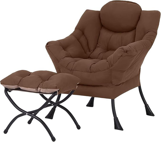 Welnow Lazy Chair with Ottoman, Modern Lounge Accent Armchair with Armrests and a Side Pocket, Leisure Sofa Armchair Set, Reading Chair with Footrest for Small Space, Dark Brown
