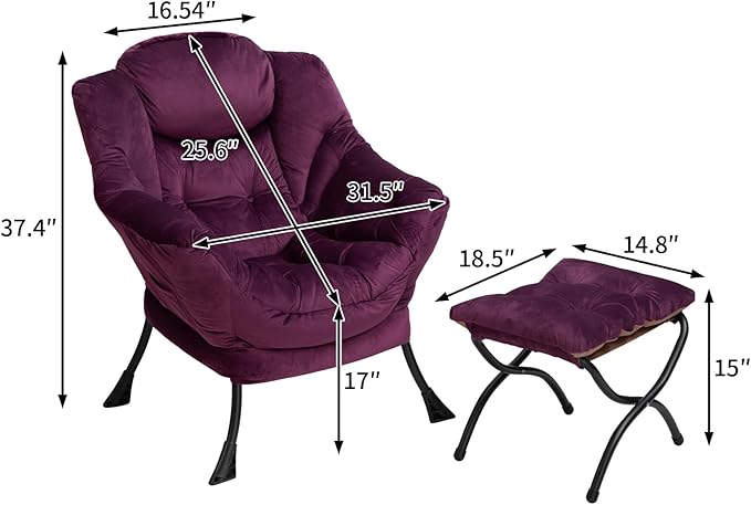 HollyHOME Fabric Lazy Chair with Foldable Ottoman, Accent Comfy Lounge Arm Chair and Folding Footrest Stool Set, Leisure Sofa Reading Chair and Footstool for Living Room, Bedroom, Dorm, Deep Purple