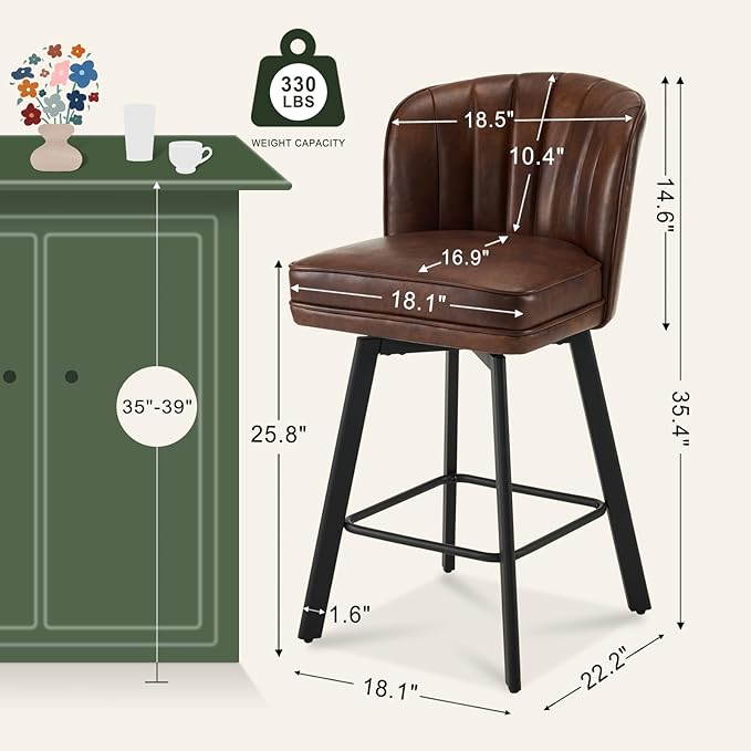Swivel Counter Height Bar Stools Set of 4, 26'' Modern Barstools with Backs and Metal Legs, Upholstered Bar Chairs, Faux Leather Brown Stools for Kitchen Island Chairs