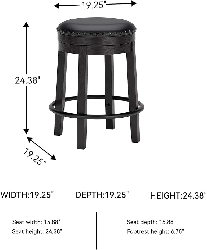 Signature Design by Ashley Valebeck Casual Round Faux Leather Upholstered Backless Counter Height Bar Stool with Footrest and Nailhead Trim, Black