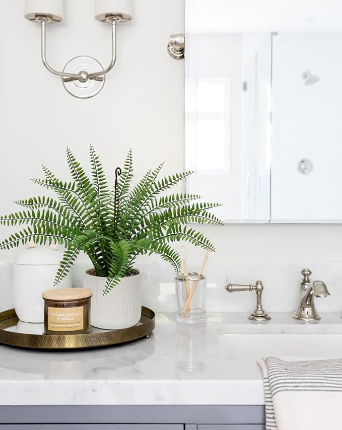 DILATATA Faux Plant Indoor in Ceramic Pot 16" Artificial Potted Boston Fern Fake House Plants for Desk Office Bathroom Garden Decoration