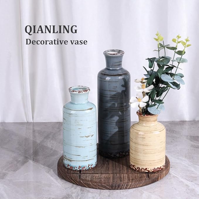 Ceramic Vase Set of 3, Small Flower Vases Home Decor, Modern Rustic Farmhouse Pottery Vases for Centerpieces, Living Room, Kitchen, Shelf, Bedroom, Bathroom, Fireplace, Table Shelf and Entryway Decor