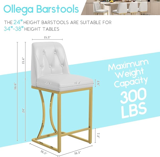 24" Counter Height Bar Stools Set of 2, White Counter Stools with Back and Gold Metal Frame, Modern Luxury Barstools with Footrest, Upholstered PU Leather Bar Chairs for Kitchen Island