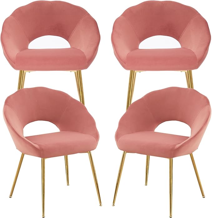 Modern Small Accent Chair Set of 4, Comfy Velvet Vanity Chair with Shell Back & Golden Metal Legs, Decorative Dining Chair no Wheels for Living Room, Makeup Room, Bedroom, Pink