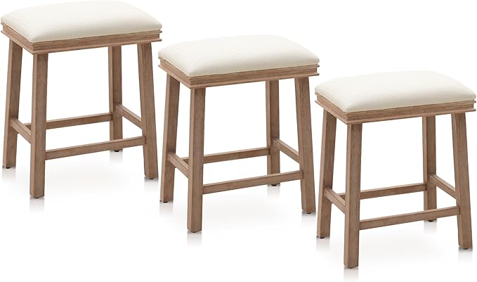 PHI VILLA Bar Stools Set of 3 - Solid Wood Legs Counter Height Barstools with Upholstered Saddle Seat, 24 inch Kitchen Counter Island Stools