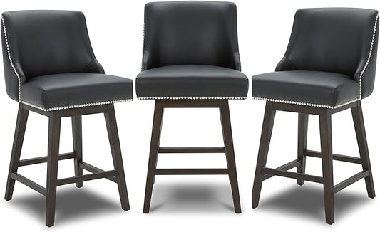 CHITA Counter Height Swivel Bar Stools Set of 3, FSC Certified Upholstered Counter Stools, Modern Swivel Barstools with Wood Legs for Kitchen Island, 26" Seat Height, Faux Leather in Black