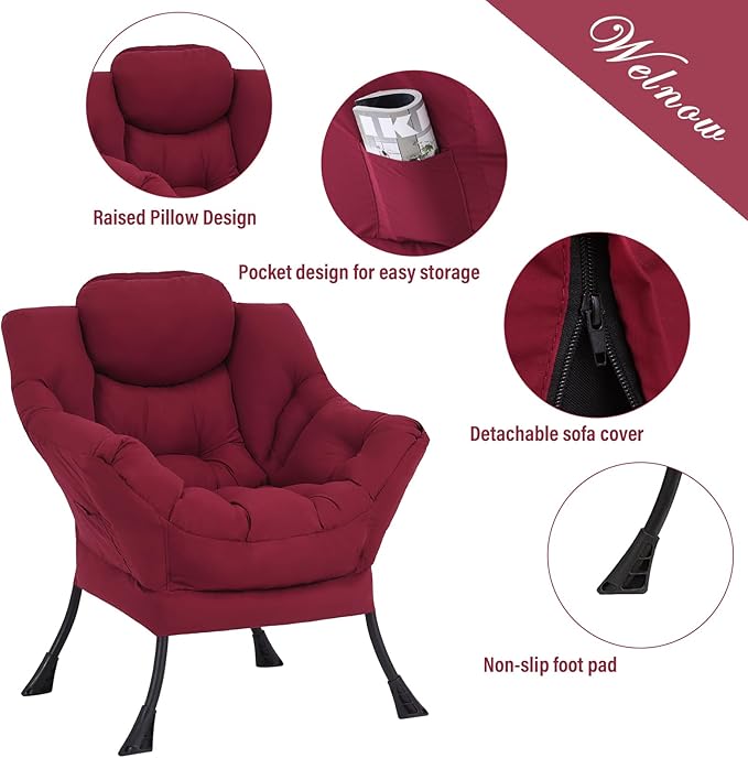 Welnow Lazy Chair with Ottoman, Modern Lounge Accent Chair with Armrests and a Side Pocket, Leisure Sofa Armchair, Reading Armchair with Footrest for Small Space, Burgundy