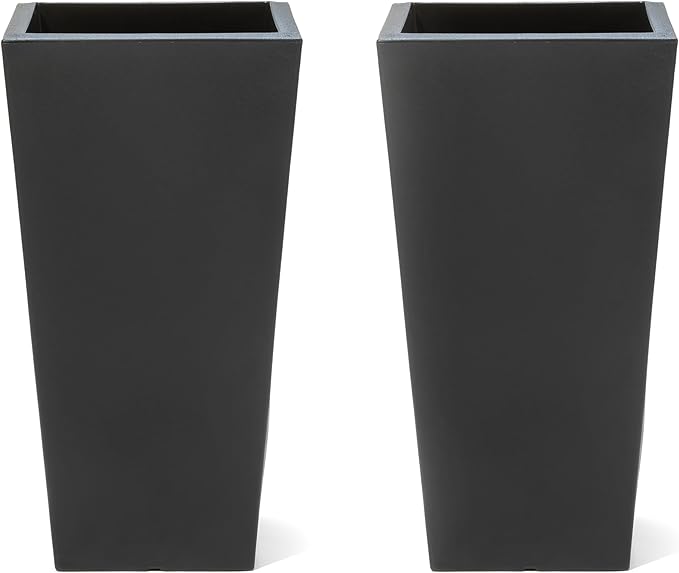 Step2 Tremont Tall Square Tapered Planter, Large Planters for Outdoor Plants, Gardening and Flower Pot for Patio or Porch, Efficient Drainage, Durable Plastic, Onyx Black, 2-Pack