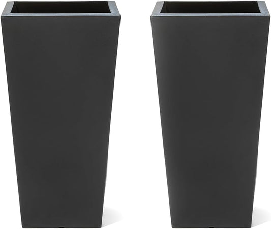Step2 Tremont Tall Square Tapered Planter, Large Planters for Outdoor Plants, Gardening and Flower Pot for Patio or Porch, Efficient Drainage, Durable Plastic, Onyx Black, 2-Pack
