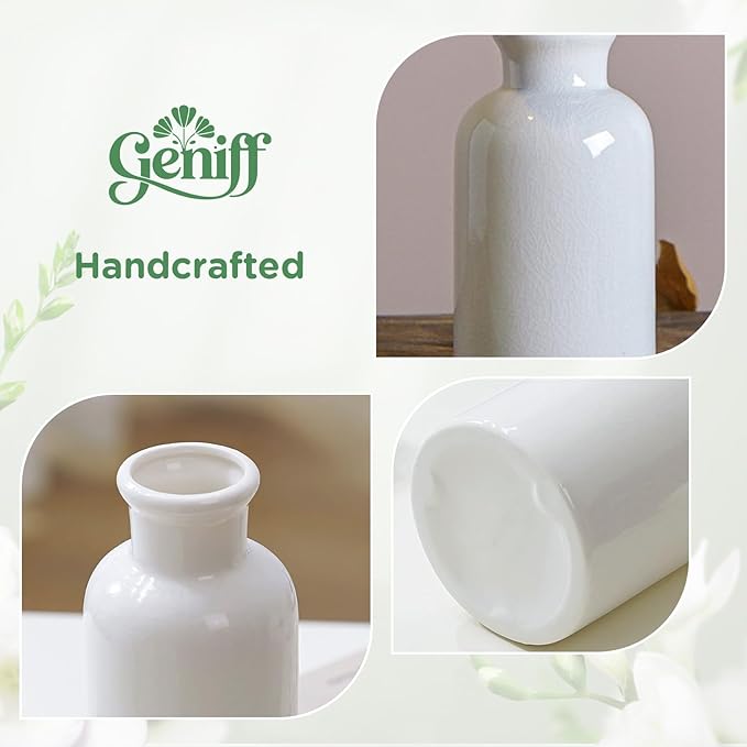 White Ceramic Vase Set, 10 Inch Farmhouse Decor Vase, Home Decorative Vases for Home Decor, Kitchen, Bedroom, Office, Living Room, Bathroom, Ideal Housewarming Gift (Modern White)