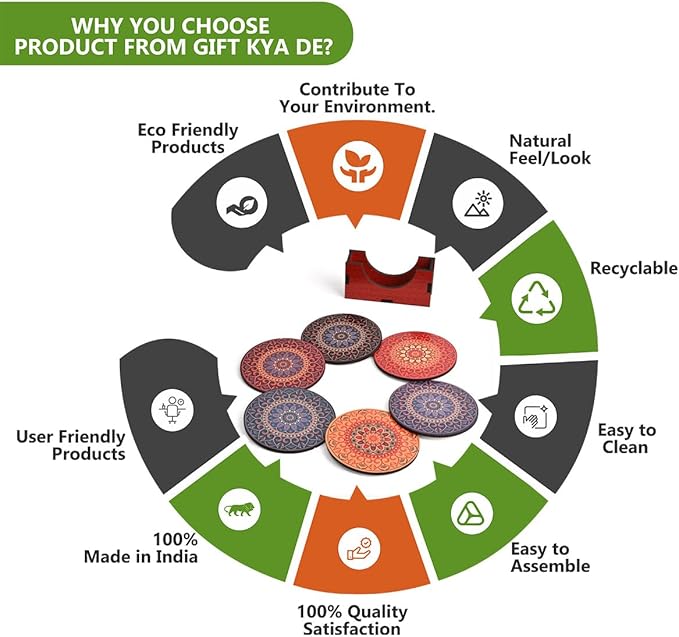 GKD Wooden Coasters for Drinks, MDF Mandala Coasters Set of 6 with Holder, 3.5 inches Eco-Friendly Absorbent Coaster for Coffee Table, Bar, Drinking Glasses, Tabletop Protection