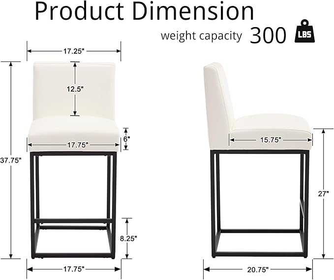 VESCASA Faux Leather 27 inches Counter Height Bar Stools with Padded Back, Modern Upholstered Counter Stool Chairs with Black Metal Frame for Kitchen Island, Set of 4, White