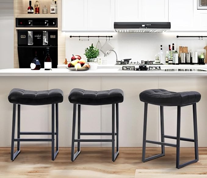 Black Modern Bar Stools Set of 3 for Kitchen Counter 24 inch Counter Height Backless Barstools with Upholstered Faux Leather Saddle Seat and Metal Frame Industrial Bar Chairs