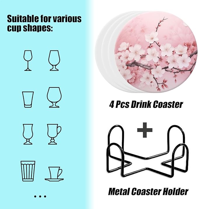 Drinking Coasters with Holder Round Water Absorbent Marble Ceramic Coasters Tabletop Protection(Cork Base),Blooming Pink Cherry Blossom Flowers,Suitable for Various Mugs,Home Decor，4 Inch