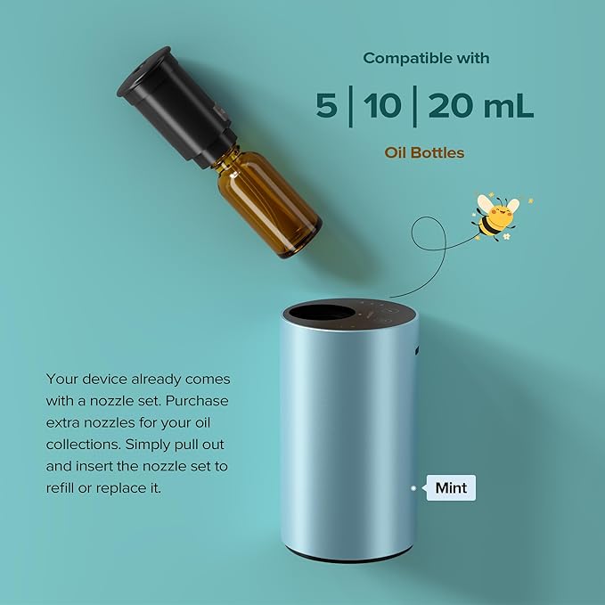 Airversa Waterless Essential Oil Diffuser for Home Aromatherapy Scent Diffusers with 3 Countdown Timer Settings or Timer-Off, 3 Mist Levels for Car Room Studio Office, ANX Premium Metal Mint