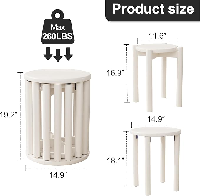 Stackable Wood Round Stools Set of 4, 18 Inch Top Side Tables Sturdy and Durable, No Installation Required for Nesting End Table, Barstool, White