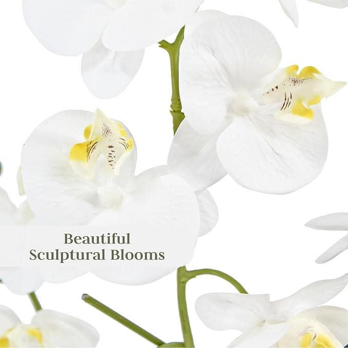 CG Hunter Faux White Orchid Plant, Premium Artificial Indoor Flower Display Stands 23”, Beautiful Sculptural Blooms That Lasts Forever, White Planter Pot Included