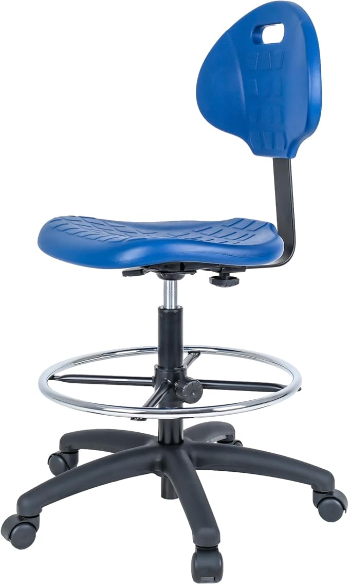 Chair Master Drafting Stool Blue- Easy to Clean! Quick Ship. Ergonomic Polyurethane Chair. Seat Height Adjustable (23"-33") Heavy Duty Adjustable Footring for Home, Automotive, Lab, Cleanroom (Blue)