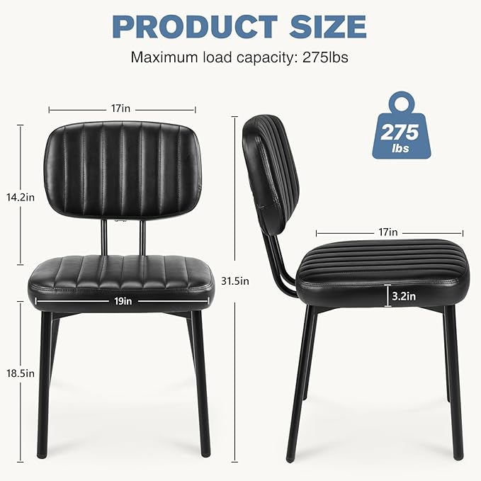 DUMOS Dining Chairs Set of 4, Upholstered Mid-Century PU Leather Accent Chair with Backrest and Metal Legs for Kitchen, Living Room, Black