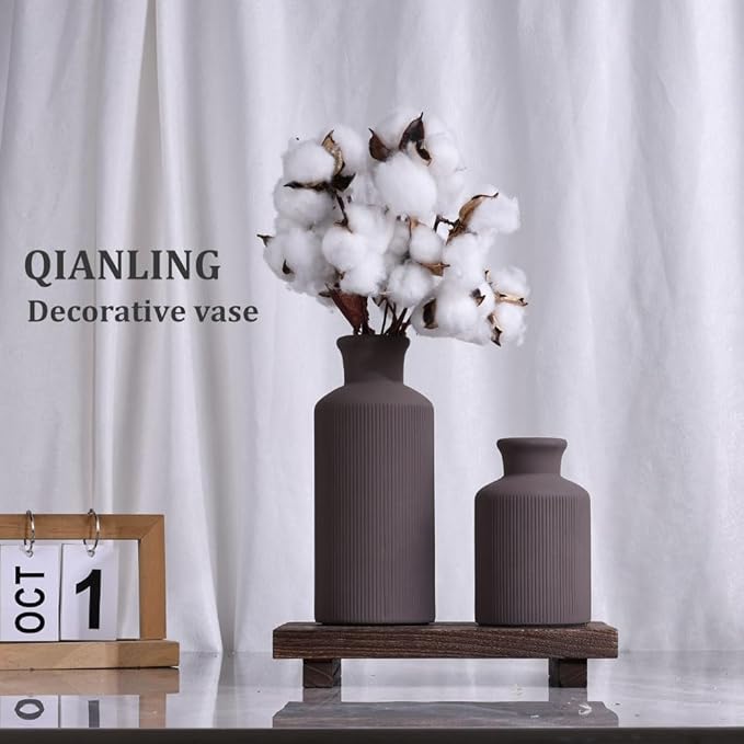 Brown Ceramic Vases Set - 3 Brown Small Vase, Farmhouse Country Vases Home Decor, Living Room Decoration, Table Decoration, Fireplace Decor, and Entrance Decorations Centerpieces