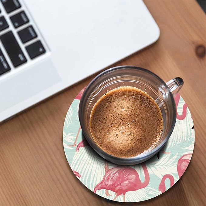 Flamingo Bird and Tropical Palm Anti Slip Coasters Elegant Tropical Pink Animal Romantic Cups Place Mats for Table Home Decor 4 Inches Living Room Kitchen Coffee Table,2 Pcs