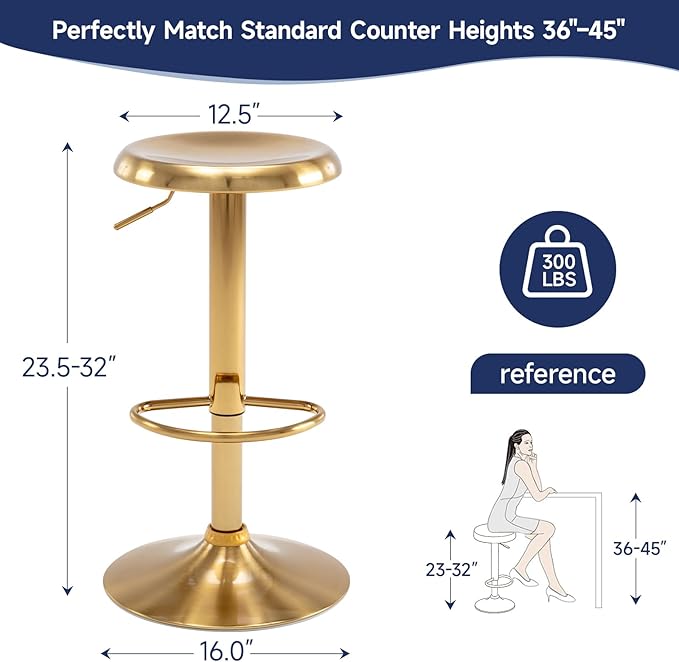 Brage Living Bar Stools, Adjustable Height Swivel Bar Stools, Metal Airlift Barstools, Backless Counter Height Bar Chairs for Kitchen Dining Room Pub Cafe 1Pc (Gold)