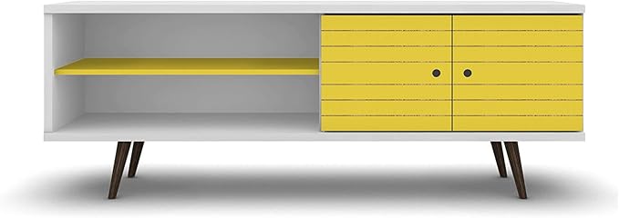 Manhattan Comfort Liberty Mid Century Modern TV Stand for Televisions up to 60 Inches, Bedroom and Living Room Entertainment Center with Storage, Shelves, and Cabinet, 63" Wide, White/Yellow