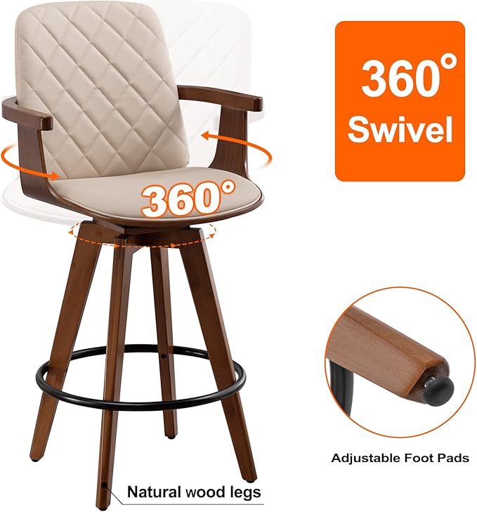 Bar Stools Set of 2, Upholstered Faux Leather Bar Height Bar Stools, Swivel Barstools with Wooden Arms and Legs (Beige, 30" Seat Height)