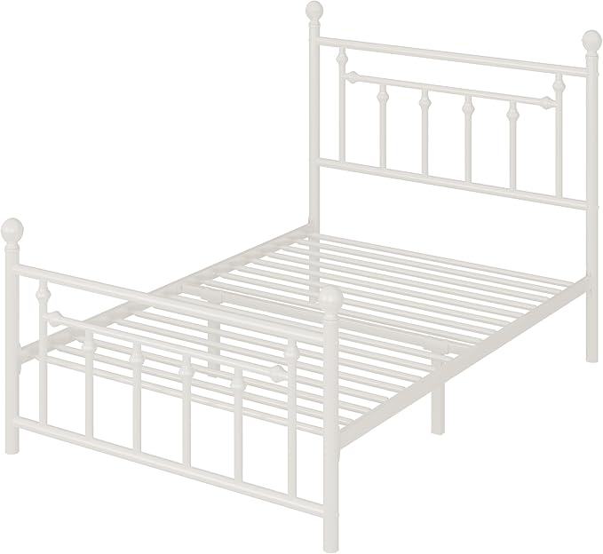Allewie 14 Inch Twin Size Metal Platform Bed Frame with Victorian Vintage Headboard and Footboard/Mattress Foundation/Under Bed Storage/No Box Spring Needed/Easy Assembly/Noise Free/White