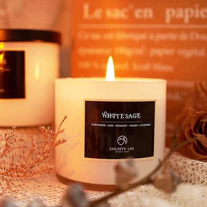 Chloefu LAN White Sage Candle for House Energy Cleansing and Chakra Healing-Relaxing Soy Scented Candles Gift for Women 7.1oz|45 Hour Long Lasting Glass Jar Candle Stress Relief