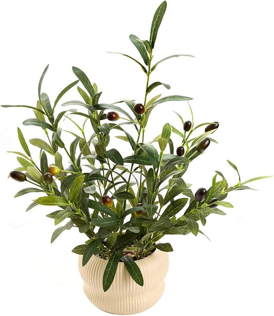 16 inch Fake Plants Indoor Greenery Leaf Faux Silk Olive Plant with Creamic Light Yellow Planter for Home Kitchen Office Hotel Housewarming Aesthetic Decoration