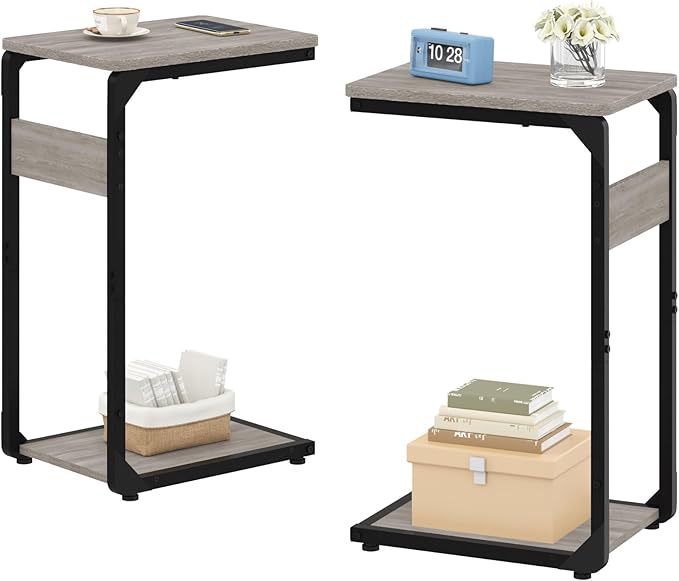 Narrow C-Shaped End Tables, TV Trays Set of 2, Small Side Table for Couch, Sofa Table for Living Room, Bedroom, Bedside ET-YB-GY2