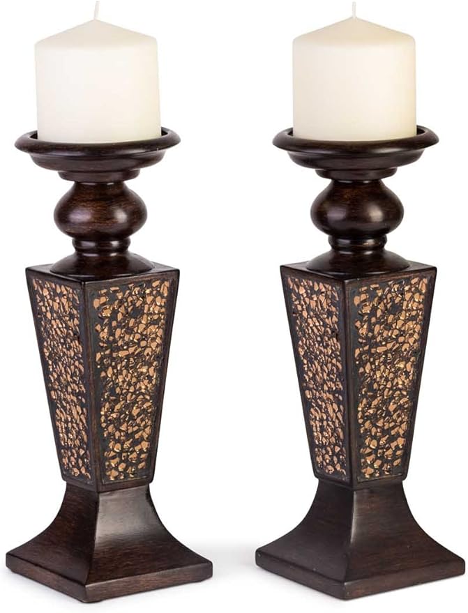 Creative Scents Schonwerk Brown Pillar Candle Holder Set of 2- Crackled Mosaic Design- Functional Table Decorations- Centerpieces for Dining/Living Room- Best Wedding Gift