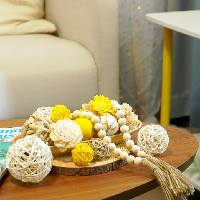 Qingbei Rina Yellow Decorative Balls for Bowls,Assorted Vase Filler for Centerpieces,Wicker Rattan Balls Decorative Orbs Woven Spheres,Summer Bowl Fillers for Home Decor,Wedding(Lemon)