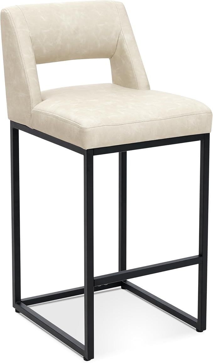Counter Height Bar Stool for Kitchen Counter Modern Bar Chair with Backs for Kitchen Island with Upholstered Faux Leather Seat and Metal Frame, Beige, 26 Inch