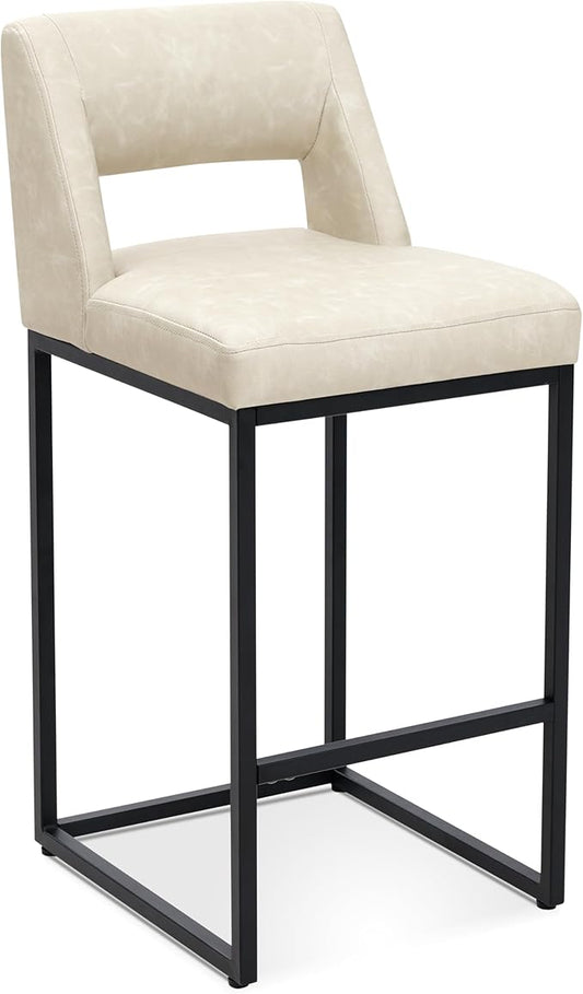 Counter Height Bar Stool for Kitchen Counter Modern Bar Chair with Backs for Kitchen Island with Upholstered Faux Leather Seat and Metal Frame, Beige, 26 Inch