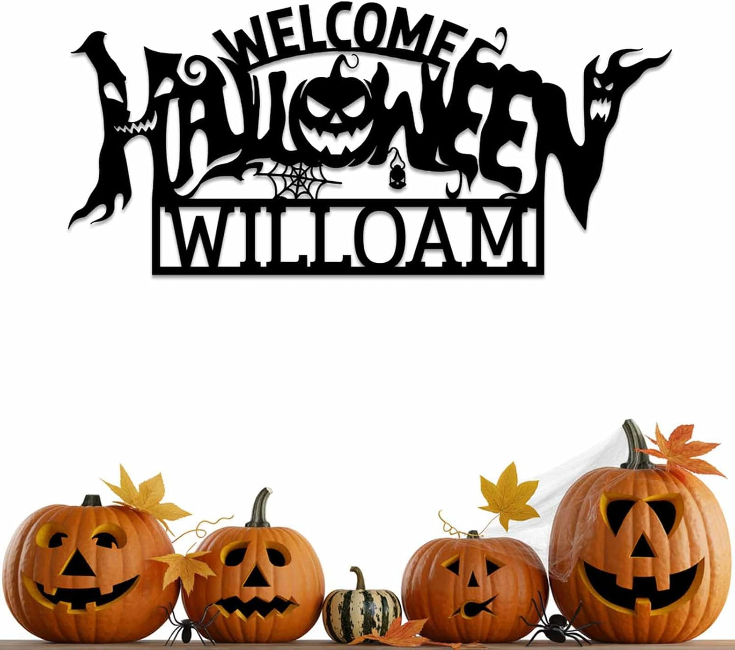 Custom Halloween Family Name Metal Signs, Personalzied Halloween Metal Wall Art with Bats Pumpkins Skull Ghost Spider, Scary Party Decorations, Gothic Home Decor for Home Welcome Sign