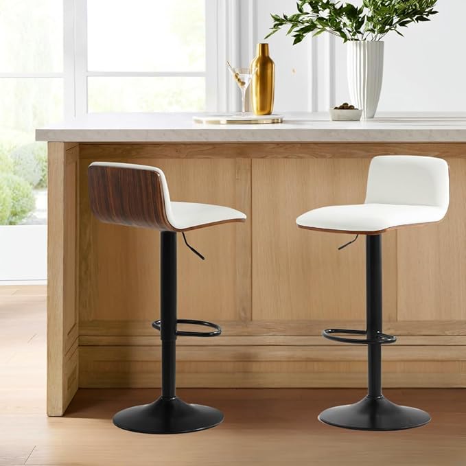 Set of 3 Swivel Bar Stools Adjustable Height, Faux Leather Barstools with Wooden Back and Footrest, Counter Height Bar Height Chairs for Kitchen Island, Dining Room, White