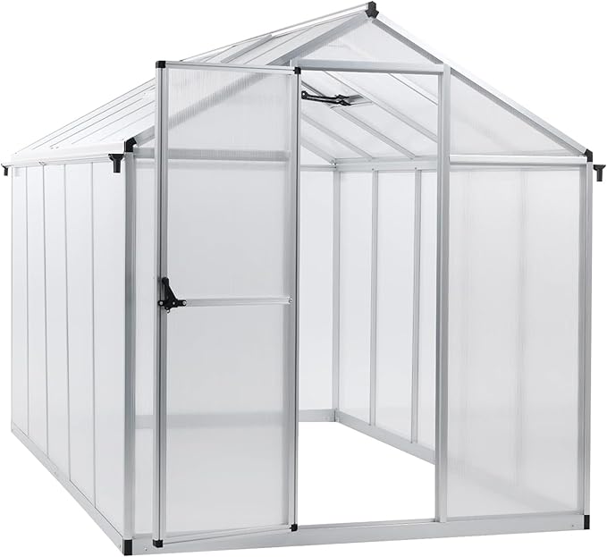 Aoodor 6 x 10 Ft Walk-in Greenhouse with Gutter, Polycarbonate and Heavy-Duty Aluminum Frame, Adjustment Skylight and Lockable 2-Sided Door for Patio, Outdoor, Yard, Lawn Use, Silver