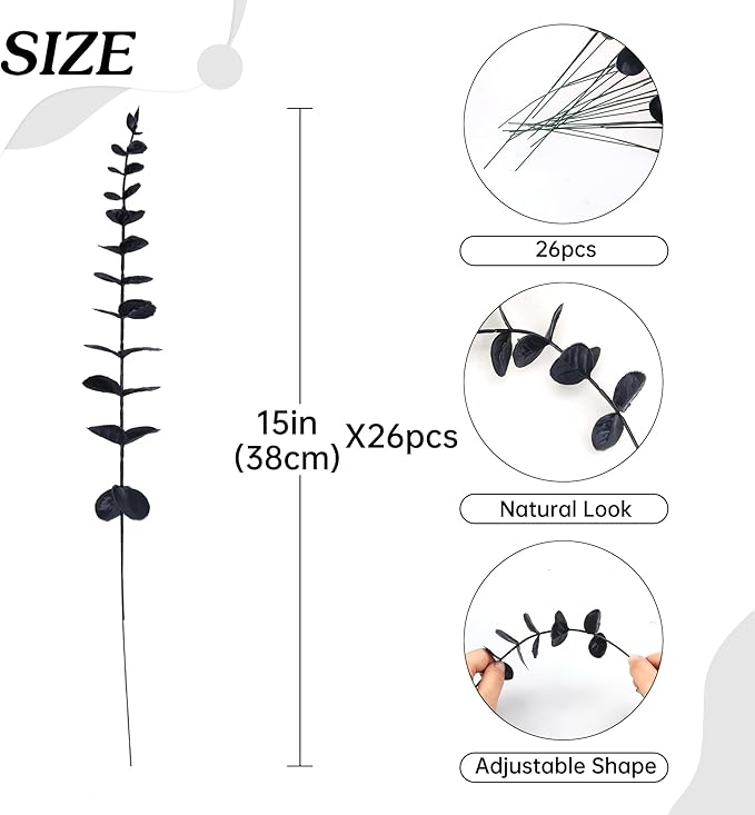 summer flower 26Pcs Black Artificial Eucalyptus Stems Faux Halloween Flowers Eucalyptuses Home Decor (26, Black)