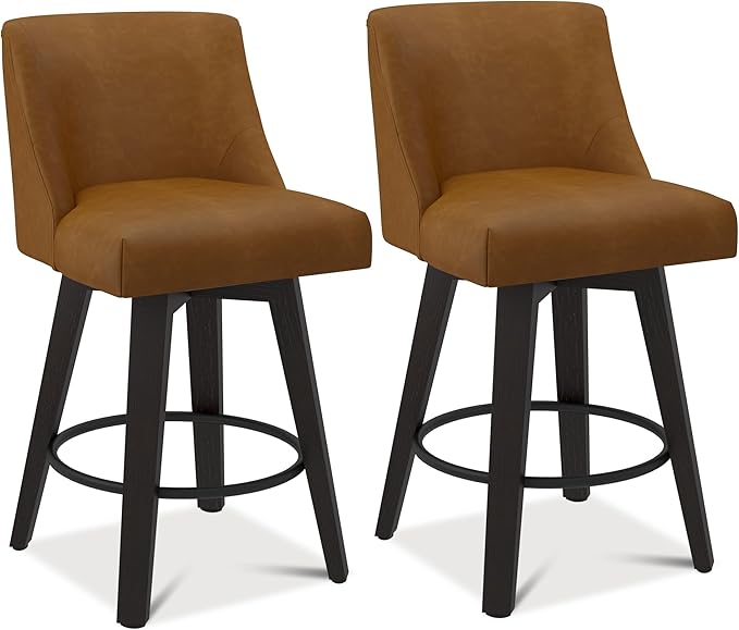 Bar Stools Set of 2, 26" H Counter Height Swivel Bar Stools, Upholstered Kitchen Island Counter Stools with Back and Solid Wood Legs, Faux Leather in Rustic Brown