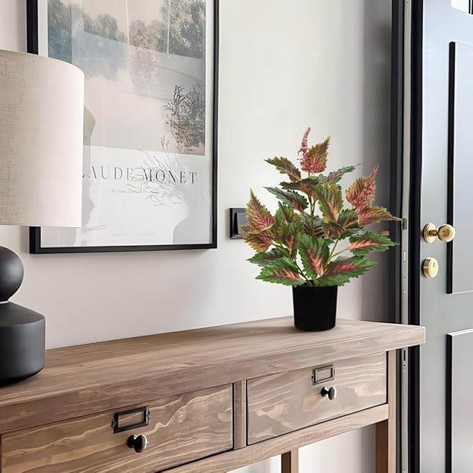 Artificial Plants Indoor with Pot 16.9" Faux Potted Perilla Plants Indoor Decorative Silk Greenery in Black Pot for Farmhouse Home Bathroom Living Room Office Table Shelf Decor