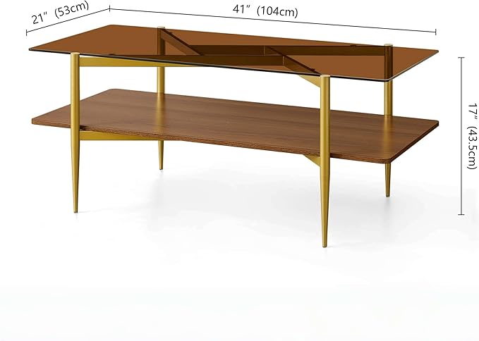 Rectangle Coffee Table, Mid-Century Modern Design, L41*W21*H17 inch, for Living Room, Amber Glass Top and Walnut Finish Wood Shelf, Conical Metal Legs with Gold Finish